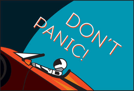 Space vector poster. Starman in space suit red electric car in open space. Hand drawn retro illustration astronaut in space blue planet Earth catchphrase dont panic posterのイラスト素材