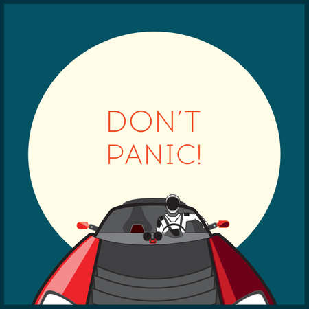 Space vector poster. Starman in space suit red electric car in open space. Hand drawn retro illustration astronaut in space white full moon catchphrase dont panic posterのイラスト素材