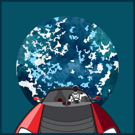 Space vector poster. Starman in space suit red electric car in open space. Hand drawn retro illustration astronaut in space blue planet Earth catchphrase dont panic posterのイラスト素材