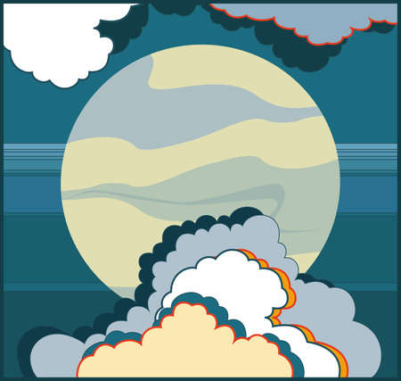 Full moon vector illustration. Planet and sky hand drawn vector illustration. Cartoon moon for poster, postcard, clothing print, flyer. Blue yellow moon and clouds in night sky. Isolated object.のイラスト素材