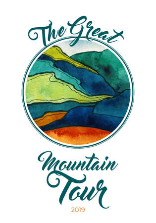 Abstract watercolor mountain vector landscape. Watercolor mountaineering traveling illustration art template. Green blue extreme sports, vacation, outdoor recreation concept banner, flyer, layout.の写真素材