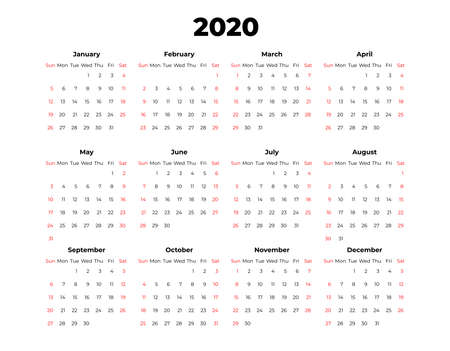 2020 calendar vector template. Abstract empty isolated set 2020 calendar. Screen, desktop months 2020, agenda. Black and white vector mock up calendar, day planner. Set 12 month pages graphic element.のイラスト素材