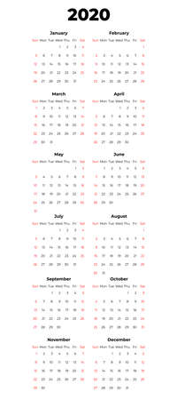 2020 calendar vector template. Abstract empty isolated set 2020 calendar. Screen, desktop months 2020, agenda. Black and white vector mock up calendar, day planner. Set 12 month pages graphic element.のイラスト素材