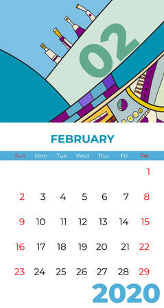 2020 february calendar abstract contemporary art vector. Desk, screen, desktop month 02, 2020, colorful 2020 calendar template, agenda pattern Psychedelic sketched calendar, day planner. February pageのイラスト素材