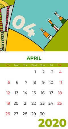 2020 april calendar abstract contemporary art vector. Desk, screen, desktop month 04, 2020, colorful 2020 calendar template, agenda pattern. Psychedelic sketched calendar, day planner. April page.のイラスト素材