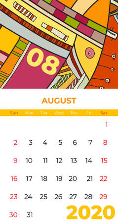 2020 August calendar abstract contemporary art vector. Desk, screen, desktop month 08, 2020, colorful 2020 calendar template, agenda pattern. Psychedelic sketched calendar, day planner. August page.のイラスト素材