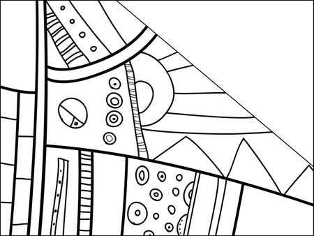 Abstract vector pattern, black and white doodles. Background for poster, postcard, backdrop. Illustration with abstract forms composition template. Psychedelic doodle graphic with lines, circles.のイラスト素材