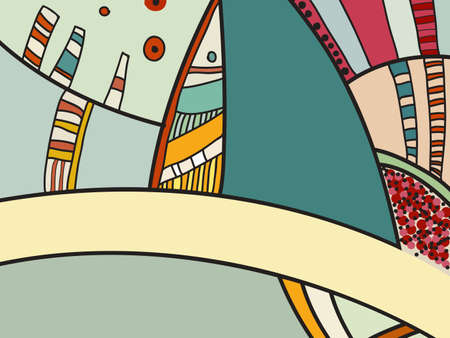 Abstract vector pattern, black and white doodles. Background for poster, postcard, backdrop. Illustration with abstract forms composition template. Psychedelic doodle graphic with lines, circles.のイラスト素材