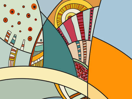 Abstract vector pattern, black and white doodles. Background for poster, postcard, backdrop. Illustration with abstract forms composition template. Psychedelic doodle graphic with lines, circles.のイラスト素材