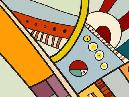 Abstract vector pattern, black and white doodles. Background for poster, postcard, backdrop. Illustration with abstract forms composition template. Psychedelic doodle graphic with lines, circles.のイラスト素材