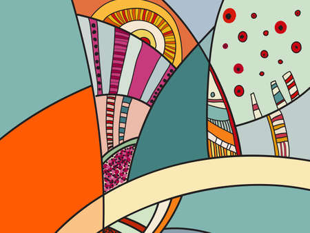 Abstract vector pattern, black and white doodles. Background for poster, postcard, backdrop. Illustration with abstract forms composition template. Psychedelic doodle graphic with lines, circles.のイラスト素材