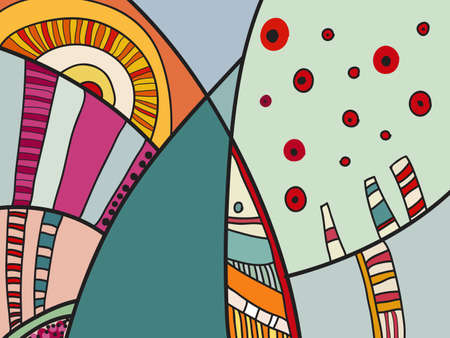 Abstract vector pattern, black and white doodles. Background for poster, postcard, backdrop. Illustration with abstract forms composition template. Psychedelic doodle graphic with lines, circles.のイラスト素材