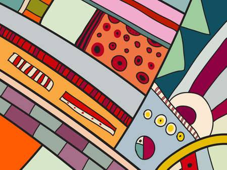 Abstract vector pattern, black and white doodles. Background for poster, postcard, backdrop. Illustration with abstract forms composition template. Psychedelic doodle graphic with lines, circles.のイラスト素材