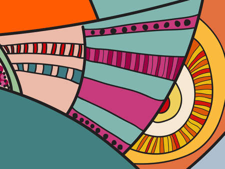 Abstract vector pattern, black and white doodles. Background for poster, postcard, backdrop. Illustration with abstract forms composition template. Psychedelic doodle graphic with lines, circles.のイラスト素材