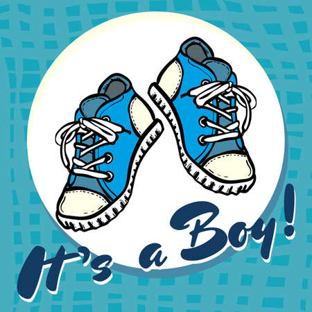 Baby boy shower congratulations vector postcard. Baby announcement in blue. Its a boy with children shoes in circle. Texture card, poster, invitation template for birthday party, baby boy arrival.のイラスト素材