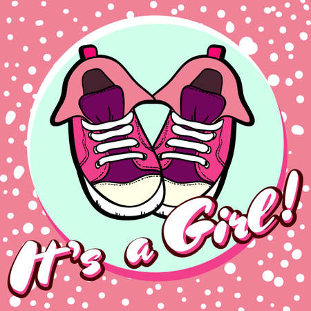 Girl baby shower congratulations vector postcard. Baby announcement in pink. Its a girl with children shoes in circle. Texture card, poster, invitation template for birthday party, baby girl arrival.のイラスト素材