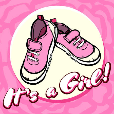 Girl baby shower congratulations vector postcard. Baby announcement in pink. Its a girl with children shoes in circle. Texture card, poster, invitation template for birthday party, baby girl arrival.のイラスト素材