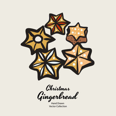 Stars christmas gingerbread biscuits hand drawn vector illustration. Vintage traditional bake christmas marzipan glaze biscuits. Isolated vector ginger bread cookies. Christmas baking retro elements.のイラスト素材