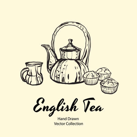 Teapot, cup and muffins black line hand drawn vector illustration in old style for cafe menu,  banner, flayer, coffee shop, sticker, flyer. Black and white tea or coffee time illustrationのイラスト素材
