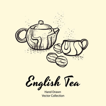 Teapot, cup and biscuits nuts black line hand drawn vector illustration in old style for cafe menu, banner, flayer, coffee shop, sticker, flyer. Black and white tea or coffee time illustrationのイラスト素材