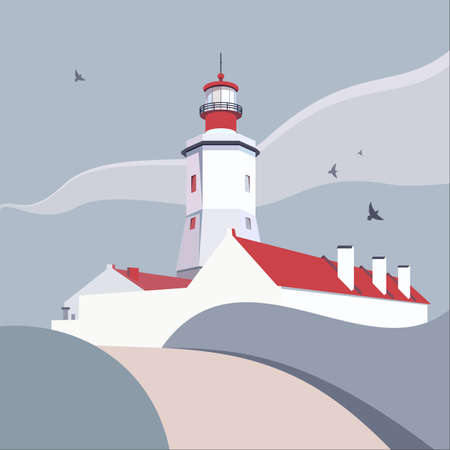 Lighthouse vector illustration. Nautical sea landscape white lighthouse red roof. Graphic vector cartoon illustration beacon web banner, postcard, poster, print. Green seashore minimalist illustrationのイラスト素材
