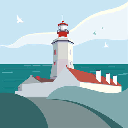 Lighthouse vector illustration. Nautical sea landscape white lighthouse red roof. Graphic vector cartoon illustration beacon web banner, postcard, poster, print. Green seashore minimalist illustrationのイラスト素材