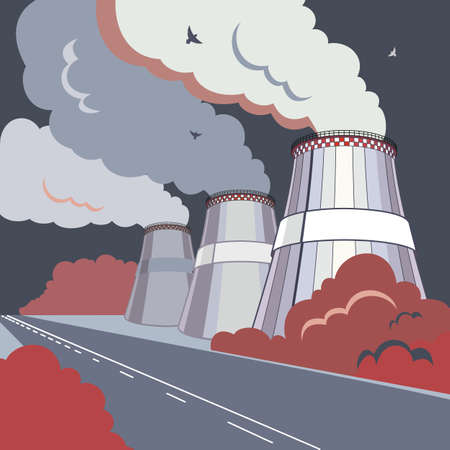 Emission pollutions factory. Cooling towers vector industrial energy. CO2 greenhouse, smoking cooling towers in dark colors. Smoking pipes of thermal power plant, emission smoke clouds, birds, highwayのイラスト素材
