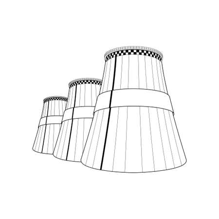 Emission pollution factory. Cooling towers industrial energy. CO2 greenhouse, smoking cooling towers in outline. Smoking pipes of thermal power plant, emission smoke clouds, birds, highway.のイラスト素材