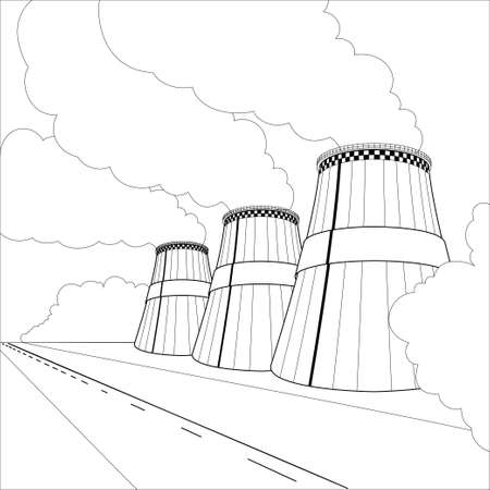 Emission pollution factory. Cooling towers industrial energy. CO2 greenhouse, smoking cooling towers in outline. Smoking pipes of thermal power plant, emission smoke clouds, birds, highway.のイラスト素材