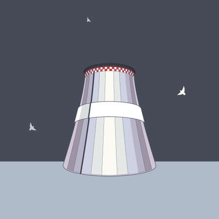 Emission pollution factory. Cooling towers industrial energy. CO2 greenhouse, smoking cooling towers in outline. Smoking pipes of thermal power plant, emission smoke clouds, birds, highway.のイラスト素材