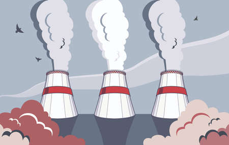 Emission pollutions factory. Cooling towers vector industrial energy. CO2 greenhouse, smoking cooling towers in dark colors. Smoking pipes of thermal power plant, emission smoke clouds, birds, highwayのイラスト素材