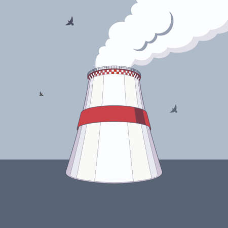 Emission pollutions factory. Cooling towers vector industrial energy. CO2 greenhouse, smoking cooling towers in dark colors. Smoking pipes of thermal power plant, emission smoke clouds, birds, highwayのイラスト素材