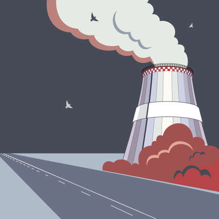 Emission pollutions factory. Cooling towers vector industrial energy. CO2 greenhouse, smoking cooling towers in dark colors. Smoking pipes of thermal power plant, emission smoke clouds, birds, highwayのイラスト素材