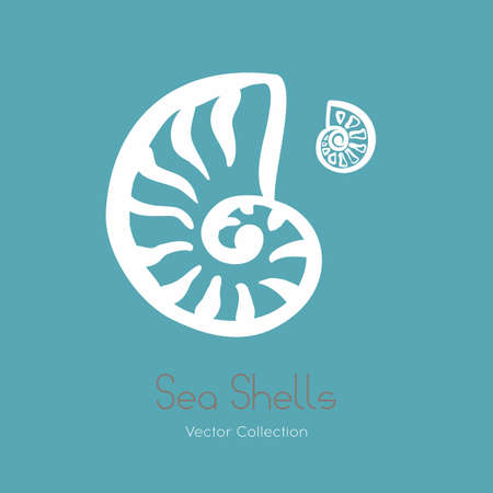 Fossil ammonia nautilus seashell icon set. Isolated design of seashells, ancient ammonia fossil icon, card. Hand drawn illustration spa salon, seafood cafe, restaurant, corporate identity.のイラスト素材