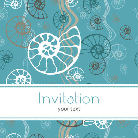 blue sea pattern fossil ammonite nautilus seashell design. Hand drawn illustration for spa salon, seafood cafe, restaurant, corporate identity. Invitation template with fossil shells.のイラスト素材