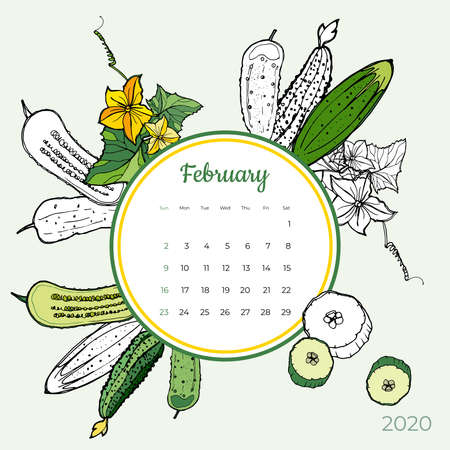 2020 February calendar vegetable. Green cucumber groceries art vector set. Desk, screen, colorful 2020 calendar template. Organic fresh food hand drawn line illustration. Sketched calendar day plannerのイラスト素材