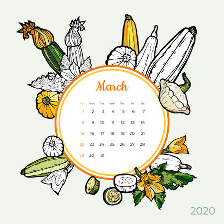 2020 March calendar vegetable. Green zucchini groceries art vector set. Desk, screen, colorful 2020 calendar template. Organic fresh food hand drawn line illustration. Sketched calendar, day planner.のイラスト素材