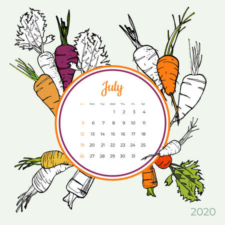 2020 July calendar vegetable. Orange carrot groceries art vector set. Desk, screen, colorful 2020 calendar template. Organic fresh food hand drawn line illustration. Sketched calendar, day planner.のイラスト素材