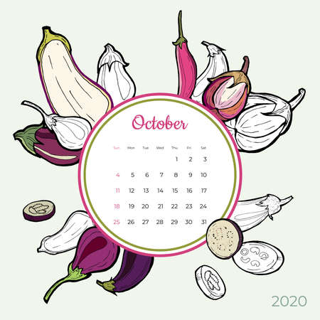 2020 October calendar vegetable. Purple eggplant groceries art vector set. Desk, screen colorful 2020 calendar template. Organic fresh food hand drawn line illustration. Sketched calendar, day plannerのイラスト素材