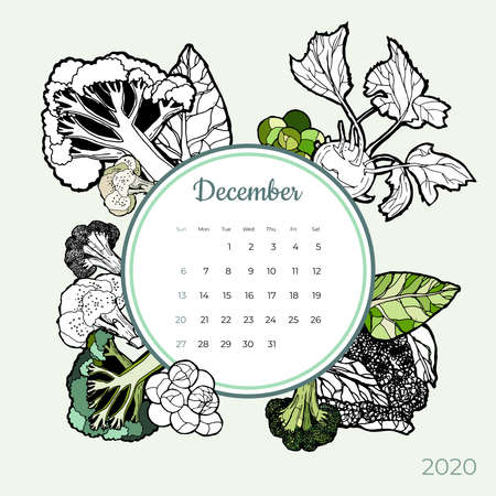 2020 December calendar vegetable. Green cabbage groceries art vector set. Desk, screen, colorful 2020 calendar template. Organic fresh food hand drawn line illustration. Sketched calendar, day plannerのイラスト素材