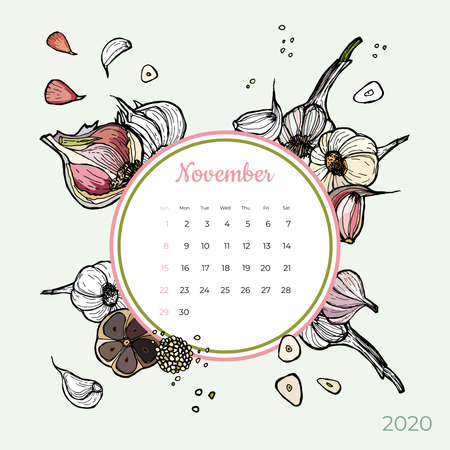 2020 November calendar vegetable. White garlic groceries art vector set. Desk, screen, colorful 2020 calendar template. Organic fresh food hand drawn line illustration. Sketched calendar, day planner.のイラスト素材