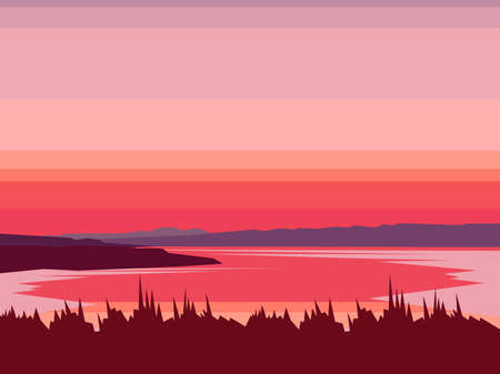 Landscape mountain lake abstract vector. Mountaineering and traveling illustration. Sunset with water, mountains, forest. Landscape vector background. Sports, Vacation, Outdoor Recreation Concept.のイラスト素材