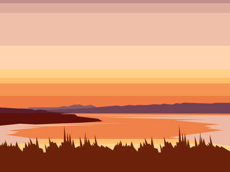 Landscape mountain lake abstract vector. Mountaineering and traveling illustration. Sunset with water, mountains, forest. Landscape vector background. Sports, Vacation, Outdoor Recreation Concept.のイラスト素材