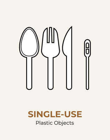 Spoon, fork, knife, stirrer, straws. Single-use plastic cutlery. Vector illustration set of recycling plastic items. Food plastic cutlery flat logo for ecological poster, pollution environment conceptのイラスト素材
