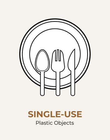 Spoon, fork, knife, plate. Single-use plastic cutlery. Vector illustration set of recycling plastic items. Food plastic cutlery flat logo for ecological poster, pollution environment conceptのイラスト素材