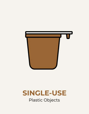 Single-use plastic coffee cup with handle. Vector illustration of recycling plastic coffee cup. Food plastic packaging flat logo for ecological poster, postcard, banner, pollution environment concept.のイラスト素材