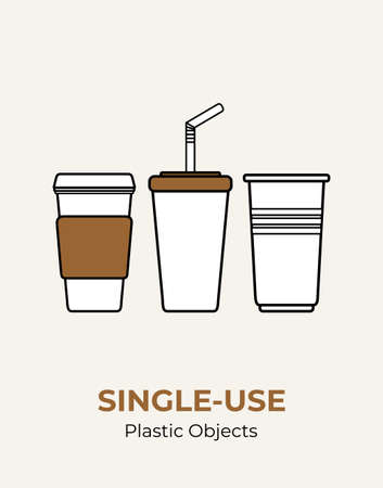 Paper cup with plastic lid, straw, plastic cup. Single-use white plastic utensils vector...