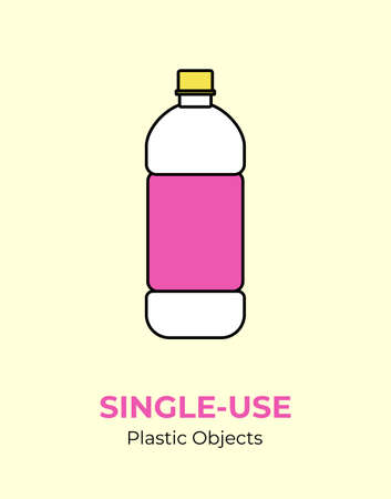 Plastic pink bottle. Vector illustration of single-use recycling plastic bottle. Isolated transparent bottle. Flat logo for ecological poster, postcard, banner, pollution and environment concept.のイラスト素材