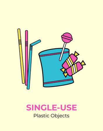Plastic crisps pouch, candy wrap, straw. Single-use vector illustration of recycling plastic. Isolated wrap pack pouch. Flat logo for ecological poster, postcard, banner, pollution environment conceptのイラスト素材