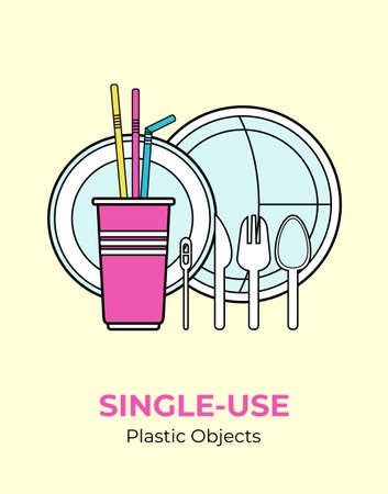 Plastic spoon, fork, knife, stirrer, straws, plates, cup. Single-use white plastic cutlery vector...